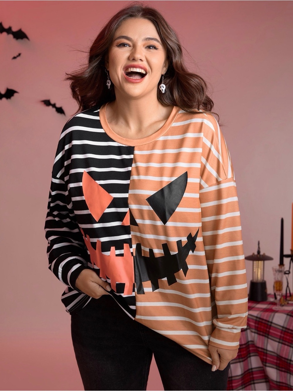 Striped Halloween Pumpkin Face Long Sleeve Top - Size 18/20